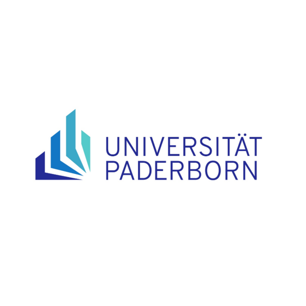 Logo: stilisiertes Buch in Blautönen, rechts der Schriftzug "Universität Paderborn"