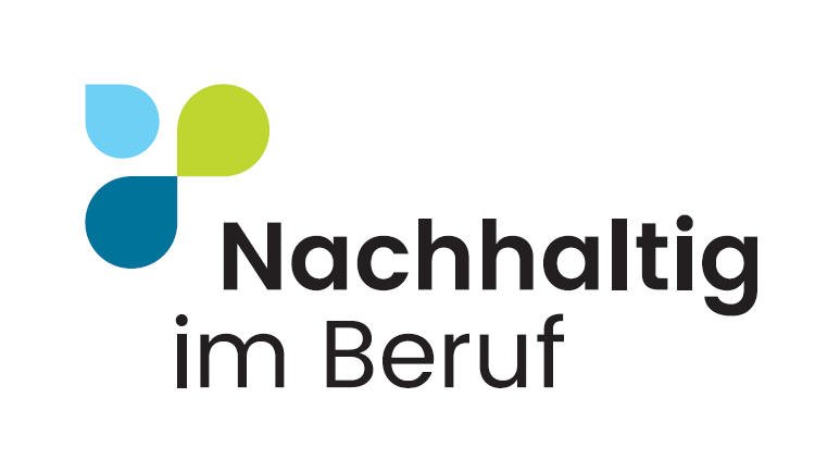 Logo der Förderlinie: Links oben drei Tropfen, links darunter der Schriftzug "Nachhaltig im Beruf" 